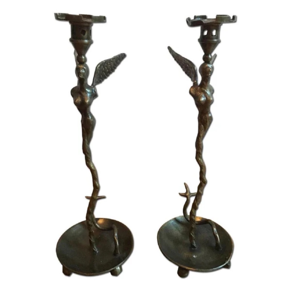 Michael Adam Bronze Angel Wing Sculptural Candlestick Pair